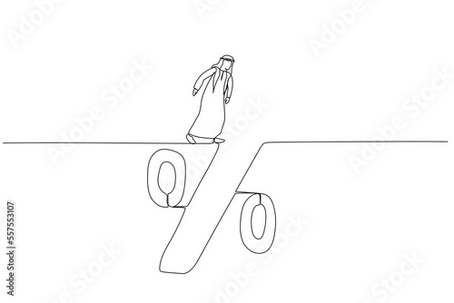 Cartoon of arab man looking into deep hole of interest loan percentage debt trap. Single continuous line art style