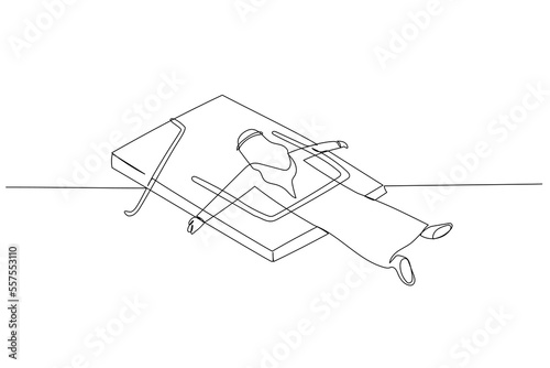 Drawing of arab man got caught shut in mousetrap metaphor of business trap. Single line art style