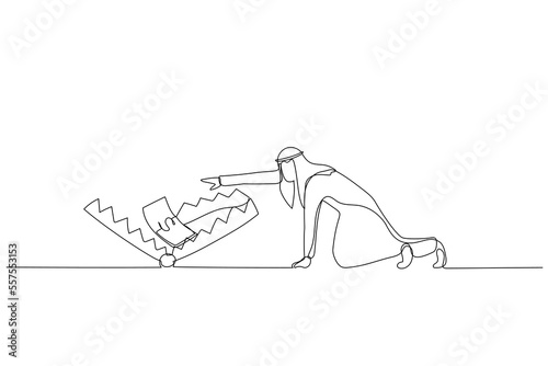 Drawing of arab man crawling into money trap. Single continuous line art style