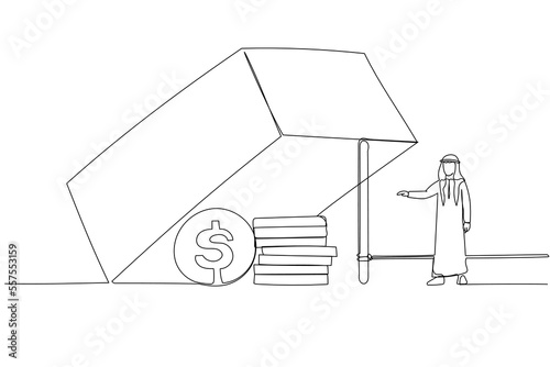Cartoon of arab man trying to reach dollar profit in the trap metaphor of business risk. One line art style