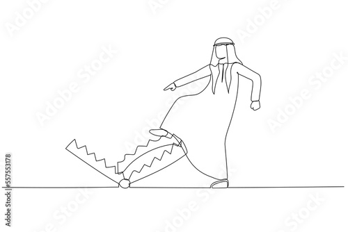 Drawing of arab man carefully walk into mouse trap concept business risk. Single continuous line art style