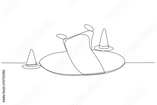 Drawing of arab man fall down into trap hole metaphor of failure or mistake. Single line art style