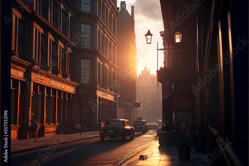 London Streets with old and vintage cars   Hyper realistic vintage London streets   Golden Hour   Ai Generated   3d image   Photorealism   Street photography