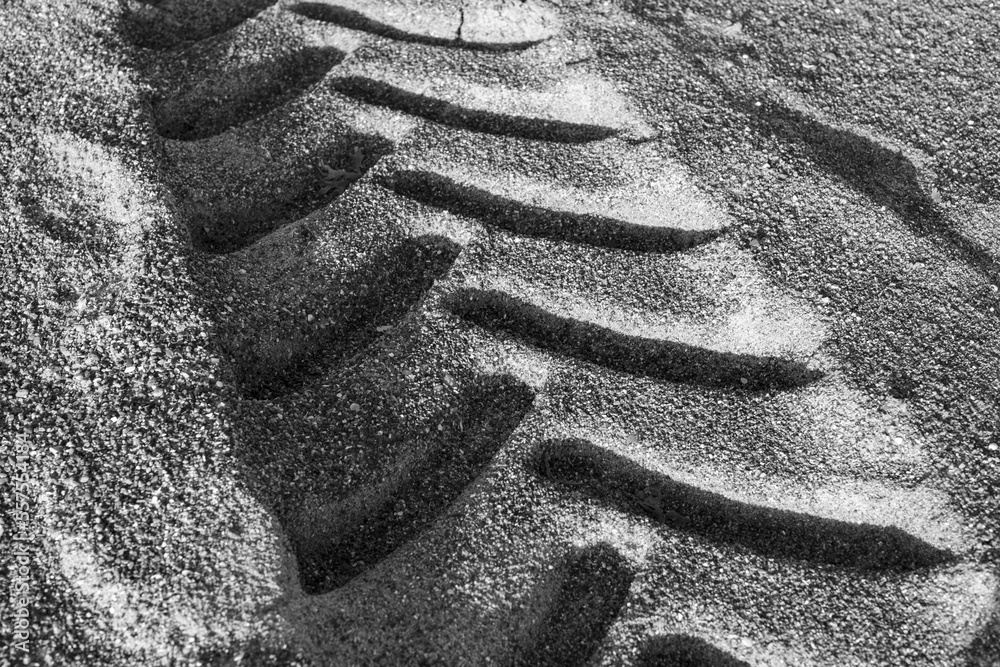 Tractor tire track on the beach of Noordwijk , Netherlands .