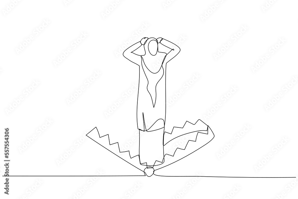 Obraz premium Cartoon of muslim business woman standing being caught in mouse trap metaphor of business risk. Single continuous line art