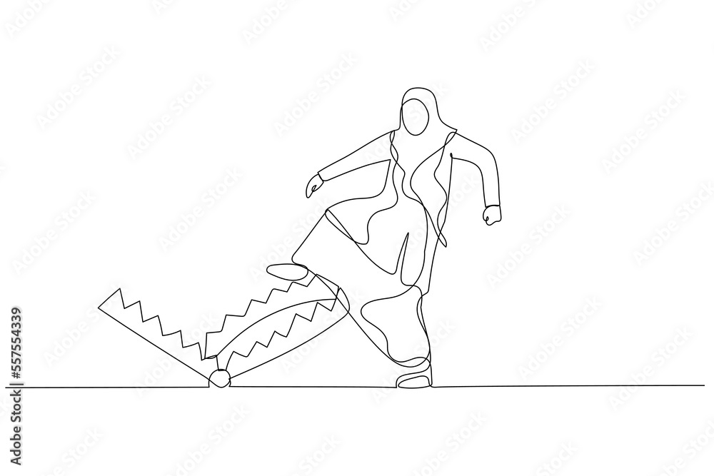 Illustration of muslim business woman carefully walk into mouse trap concept business risk. Single continuous line art style