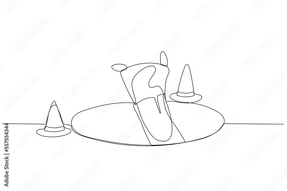 Cartoon of muslim business woman fall down into trap hole metaphor of failure or mistake. One line art style Cartoon of muslim business woman fall down into trap hole metaphor of failure or mistake. One line art style