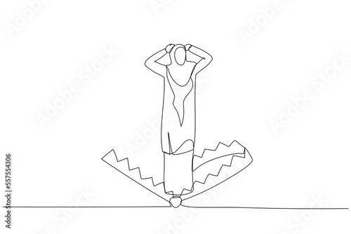 Cartoon of muslim business woman standing being caught in mouse trap metaphor of business risk. Single continuous line art