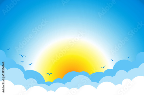 Blue sky with clouds and rising or down yellow sun. Vector background