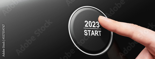 Start 2023. Happy New Year button. 3D illustration