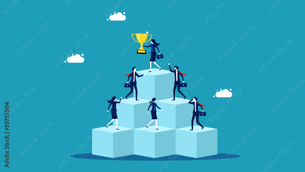 Businesswoman holding a trophy at the top of the floor. Win every competitor. Best businessman concept vector