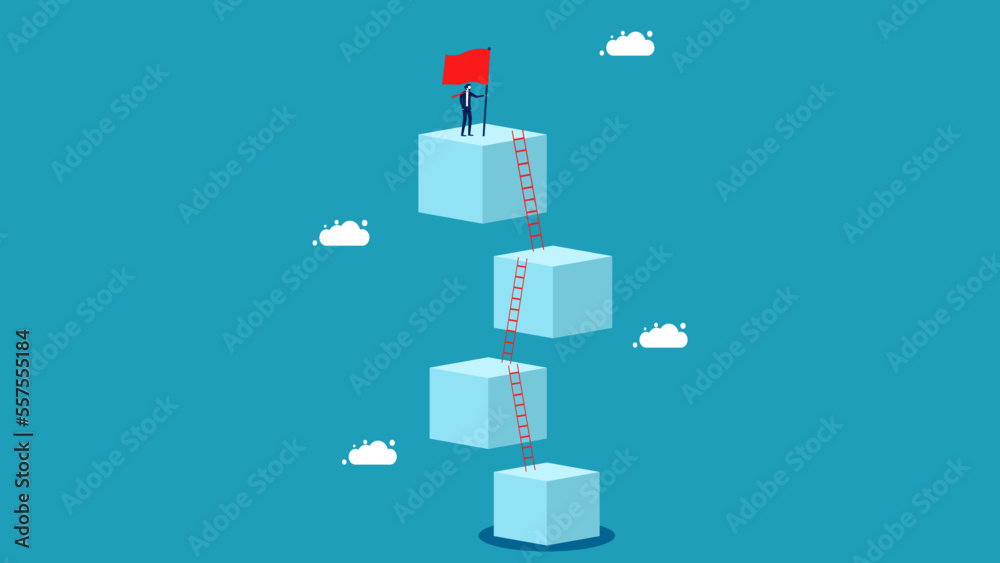 Businessman success playing ladder game to win the flag. The idea of successfully grabbing a job title vector