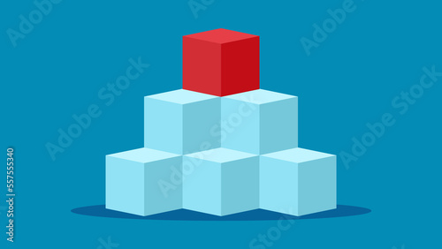 Six cubes and one red cube stacked on a blue background. concept of leadership vector