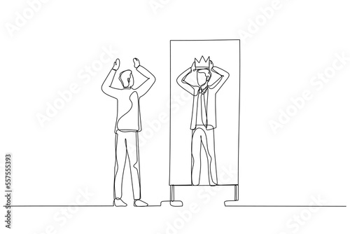 Illustration of businessman looking into better self putting crown in head. Single continuous line art style