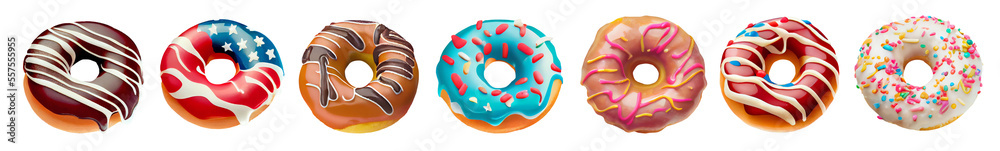 a set of colorful doughnuts isolated on white background