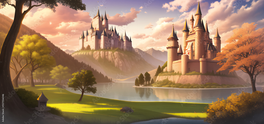 Naklejka premium Fantastic Landscape. A castle on a hill by a lake. The mountains on the horizon. Wallpaper. Illustration of a fairy tale.