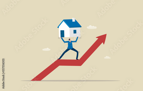 Real estate and high debt home mortgages. Businessman Carrying a House on graph. Illustration