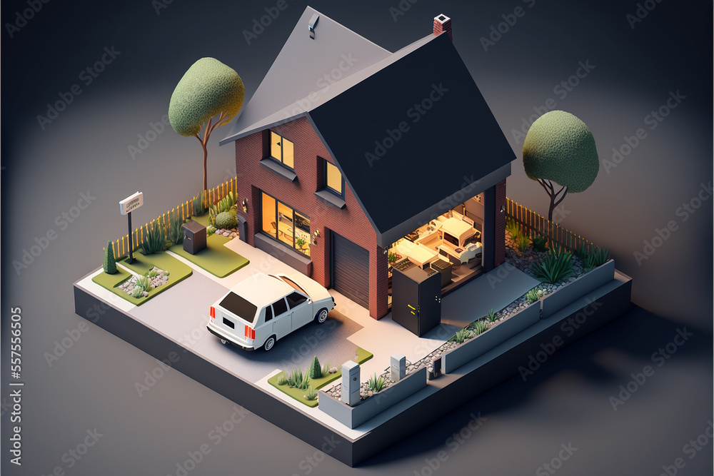 Illustrated 3D icon representation of a isometric modern house – Create with generative AI technology - obrazy, fototapety, plakaty 