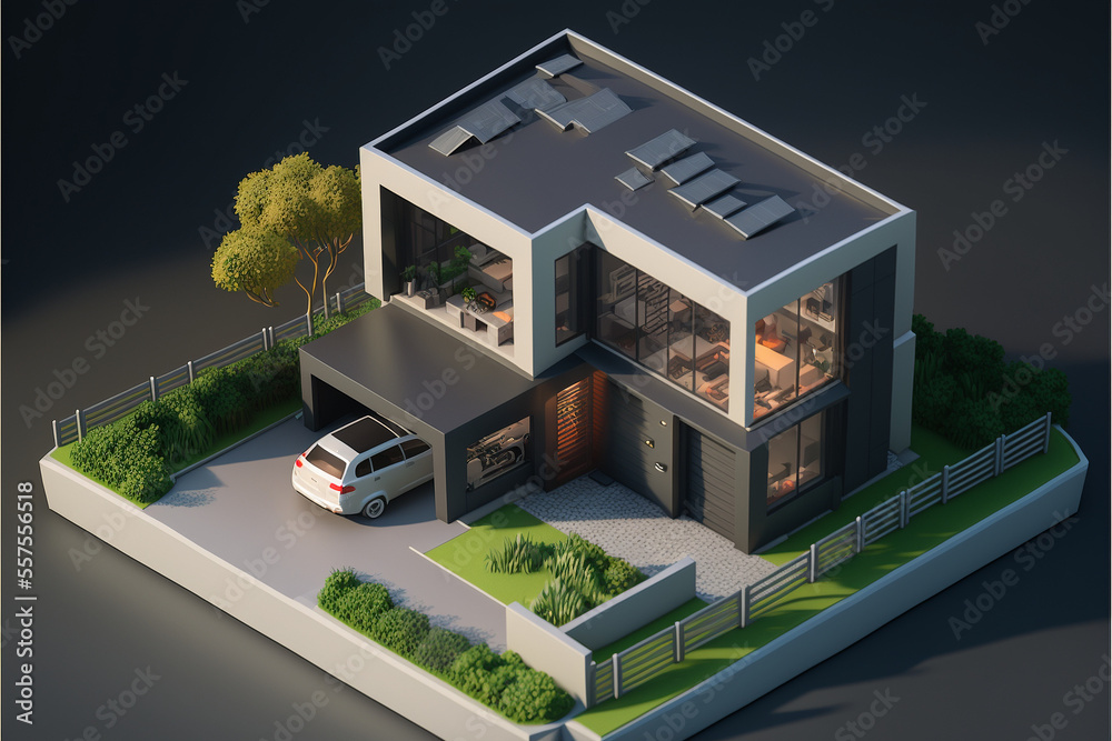 Illustrated 3D icon representation of a isometric modern house – Create with generative AI technology