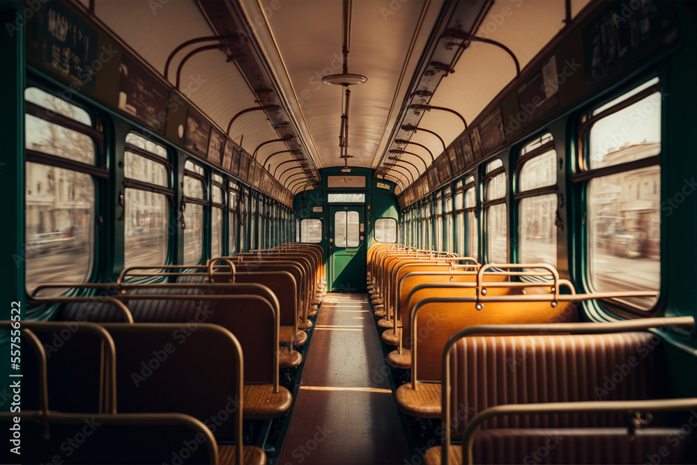 nostalgic tram interior view, front view. Generated AI