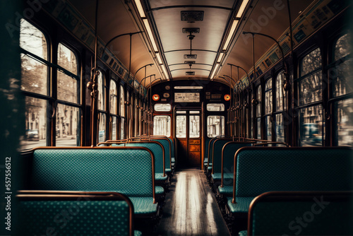 nostalgic tram interior view, front view. Generated AI photo