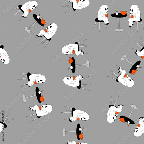 seamless pattern of Halloween hand-drawn ghosts sit on chairs at the table and drink tea