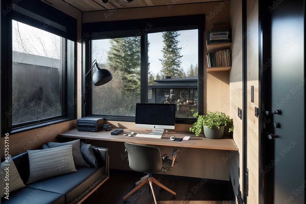 Home office on the second floor of the small house in Seattle. Generative AI Home office on the second floor of the small house in Seattle. Generative AI