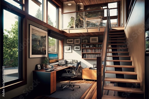 Home office on the second floor of the small house in Seattle. Generative AI