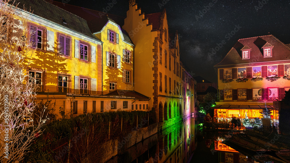 Fototapeta premium Colmar, Petit Venice, at dusk water canal and traditional colorful houses. Alsace, France.