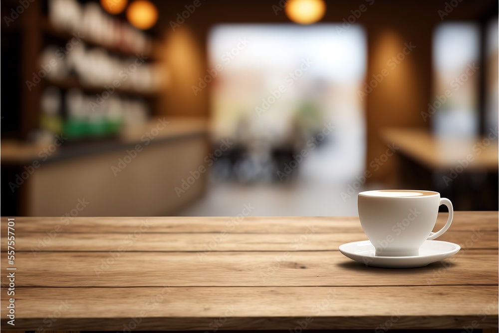 Wooden board empty Table Top And Blur Interior over blur in coffee shop Background, Mock up for display of product. Generative AI