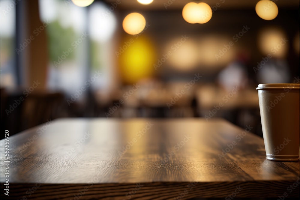 Selected focus empty brown wooden table and Coffee shop or restaurent blur background with bokeh image. for your photomontage or product display. Generative AI
