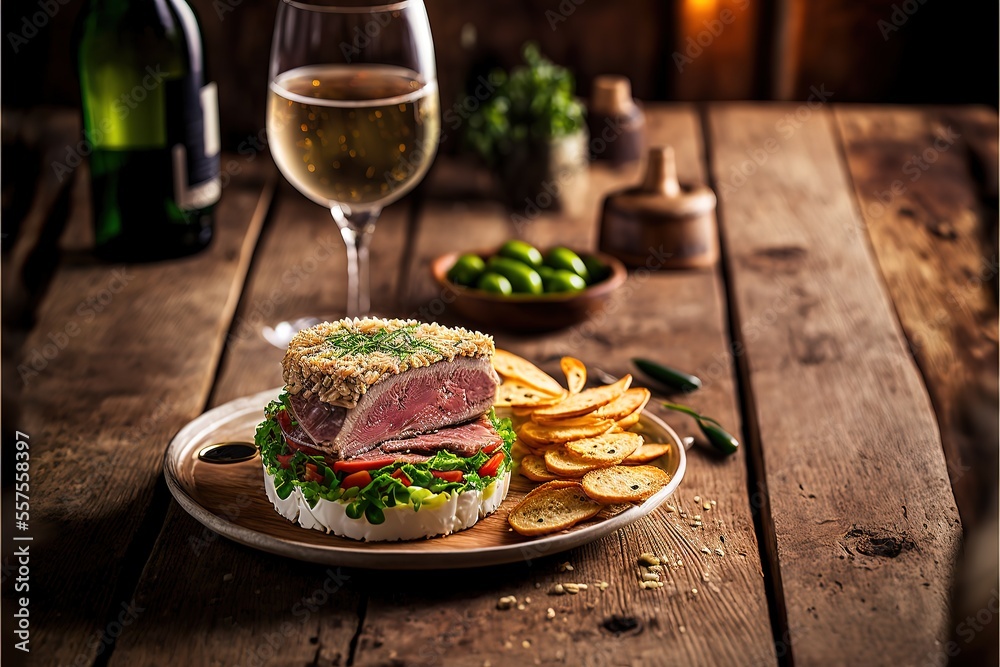 Traditional restaurant atmosphere with tuna tataki and burger with chips in the background on rustic wooden table and glass of white wine. Generative AI