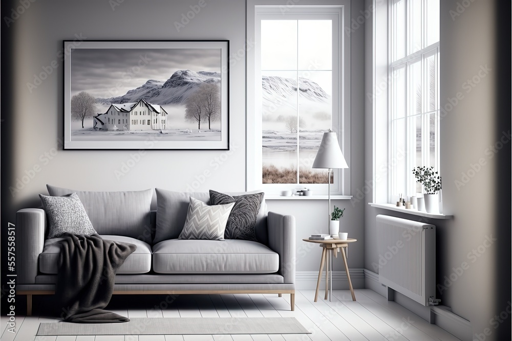 White minimalist living room interior with sofa on a wooden floor ...