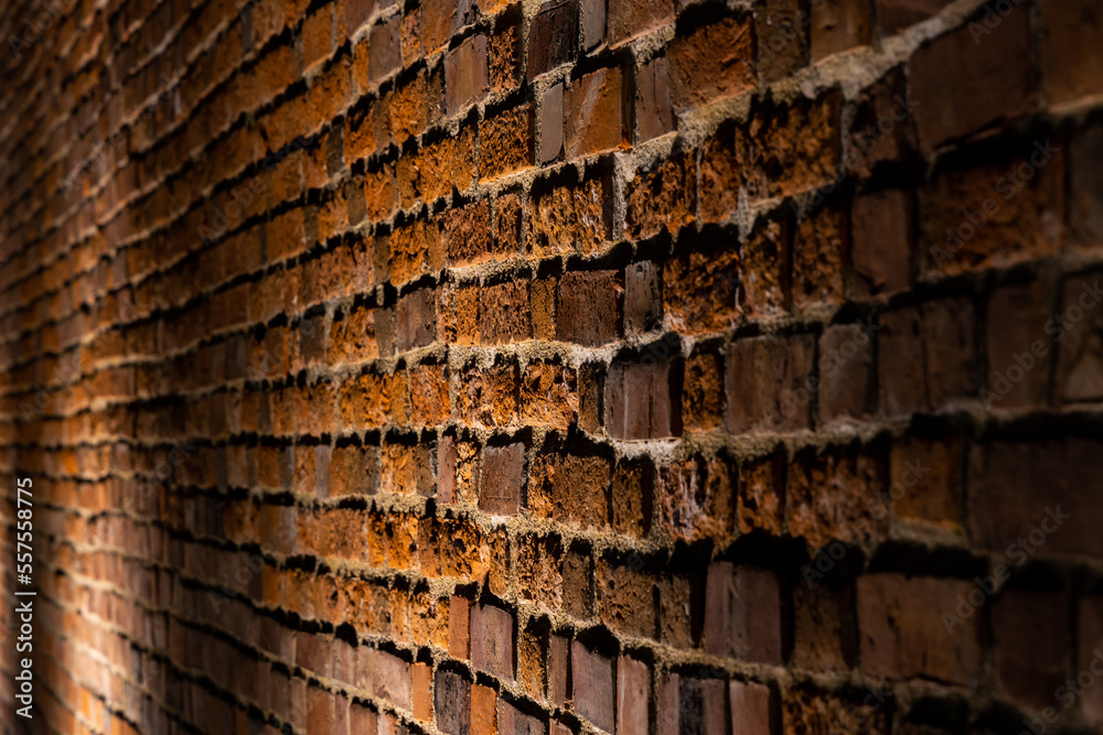 A red brick wall illuminated at night. Surface texture emphasized by the angle of incidence of light