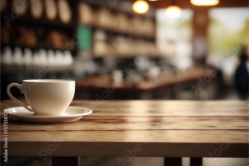 Wooden board empty Table Top And Blur Interior over blur in coffee shop Background  Mock up for display of product. Generative AI