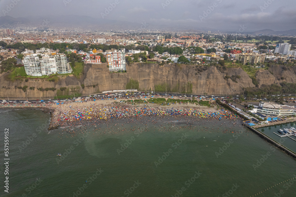 Aerial view of the beaches of the city of Lima on the Costa Verde.