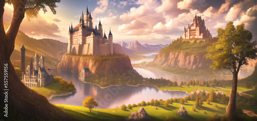 Fantastic Landscape. A castle on a hill by a lake. The mountains on the horizon. Wallpaper. Illustration of a fairy tale. © Nereida