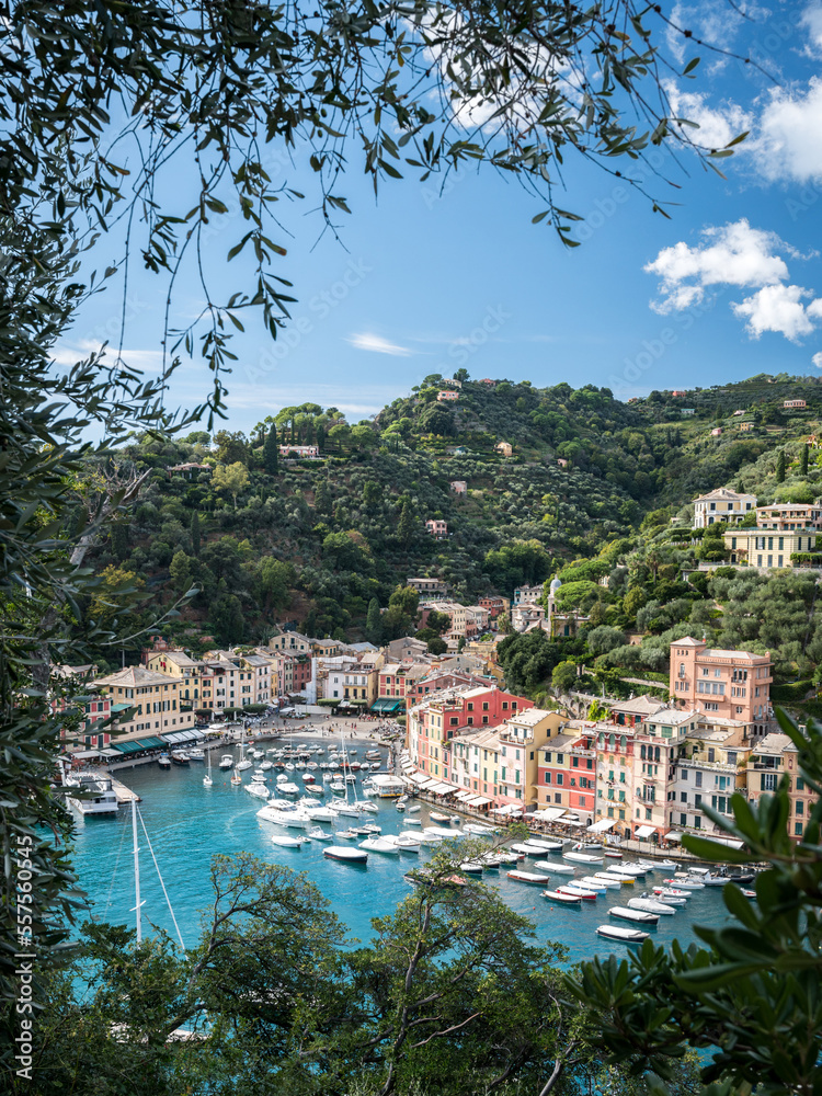 Boats in an Italian bay surrounded by houses and green slopes in sunny summer weather