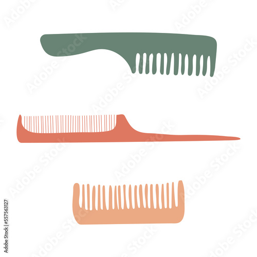 Flat vector illustration with hair care isolated objects: hair dressing table comb set, dresser comb for hair, mustache, beard. Hand-drawn funny hair styling grooming comb set