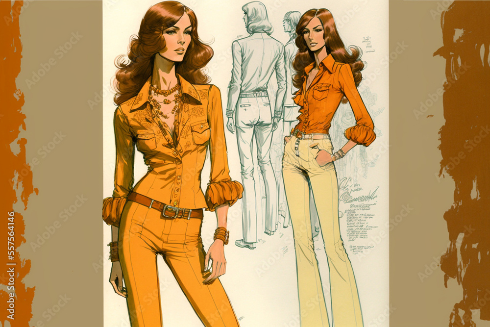 70s Clothing Sketch: Retro Inspiration with a Model in Orange