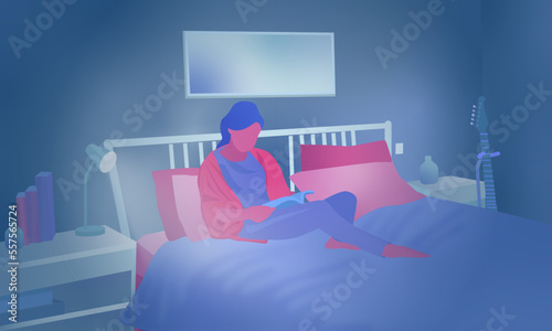 Female character sits on the bed and reads a book. In the Minimalist interior: electric guitar neck/guitar on the back, mirror, books, scenery.