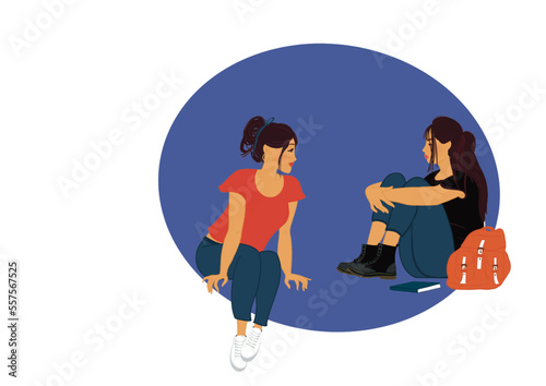illustrated loneliness and representation school phobia and suffering at school. Concept of youth depression, teenage crisis and melancholy. Isolated picture