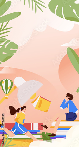 Reading characters flat vector illustration
