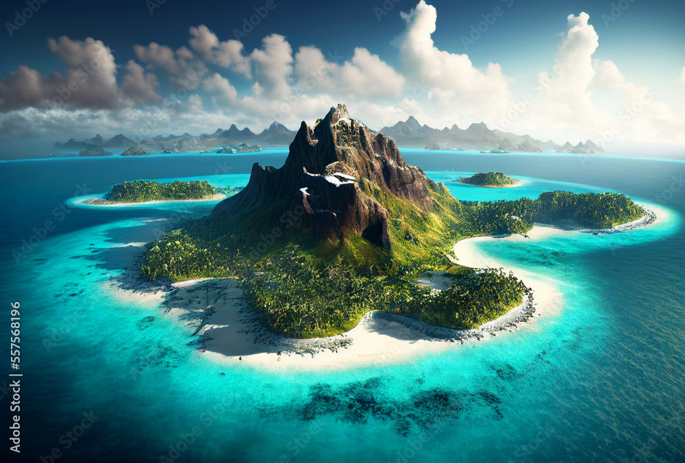 Bora Bora Aerial view. Tahiti, French Polynesia. White Sandy Beach and Mountain. Palm Trees and Blue Lagoon. Generative Ai Art. - obrazy, fototapety, plakaty 