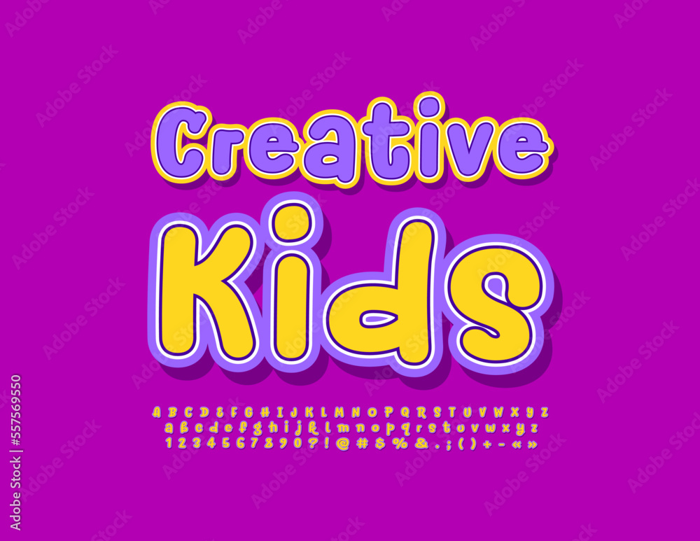 Vector bright emblem Creative Kids with artistic Font. Handwritten cute Alphabet Letters, Numbers and Symbols set
