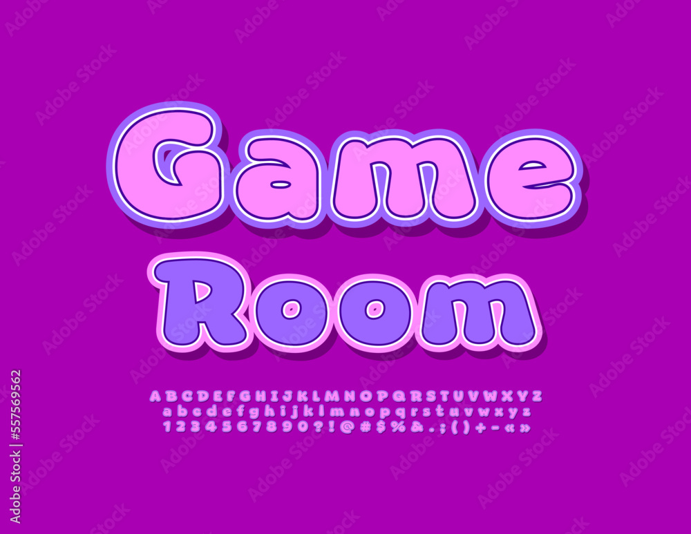 Vector funny emblem Game Room. Bright modern Font. Trendy Alphabet Letters, Numbers and Symbols set
