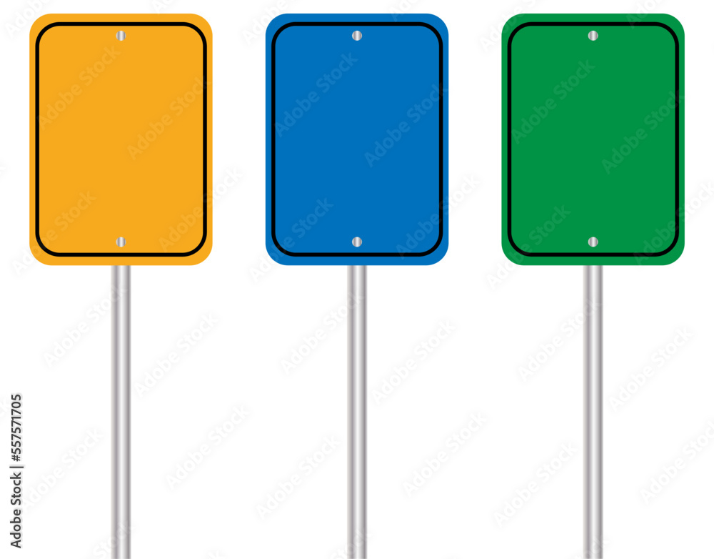 Yellow, blue and green road signs. Set of empty boards isolated on