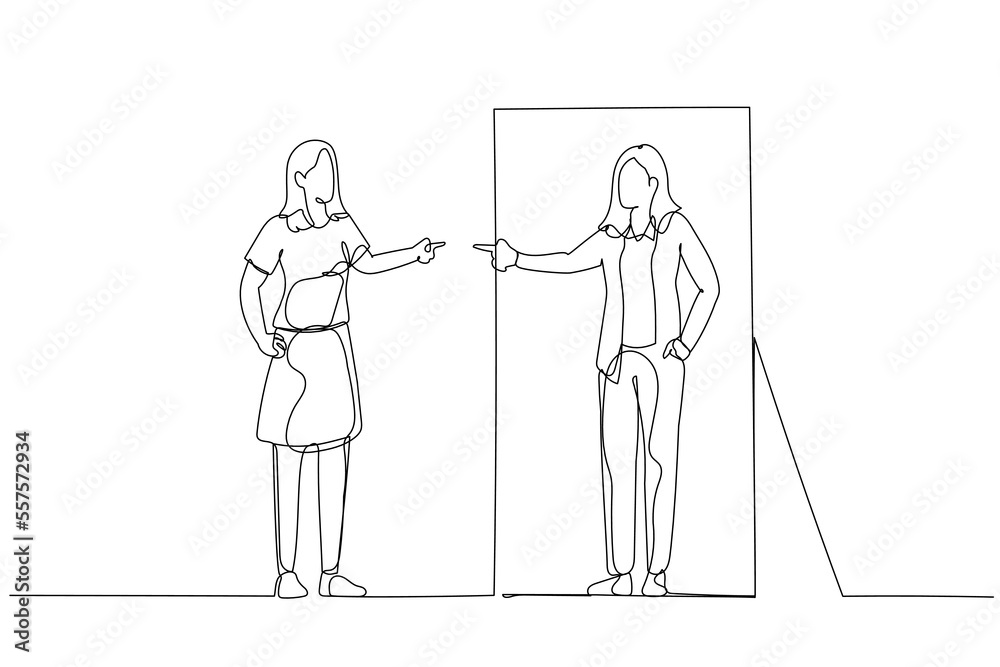 Cartoon of business woman in the reflection looked by casual version self. Single line art style