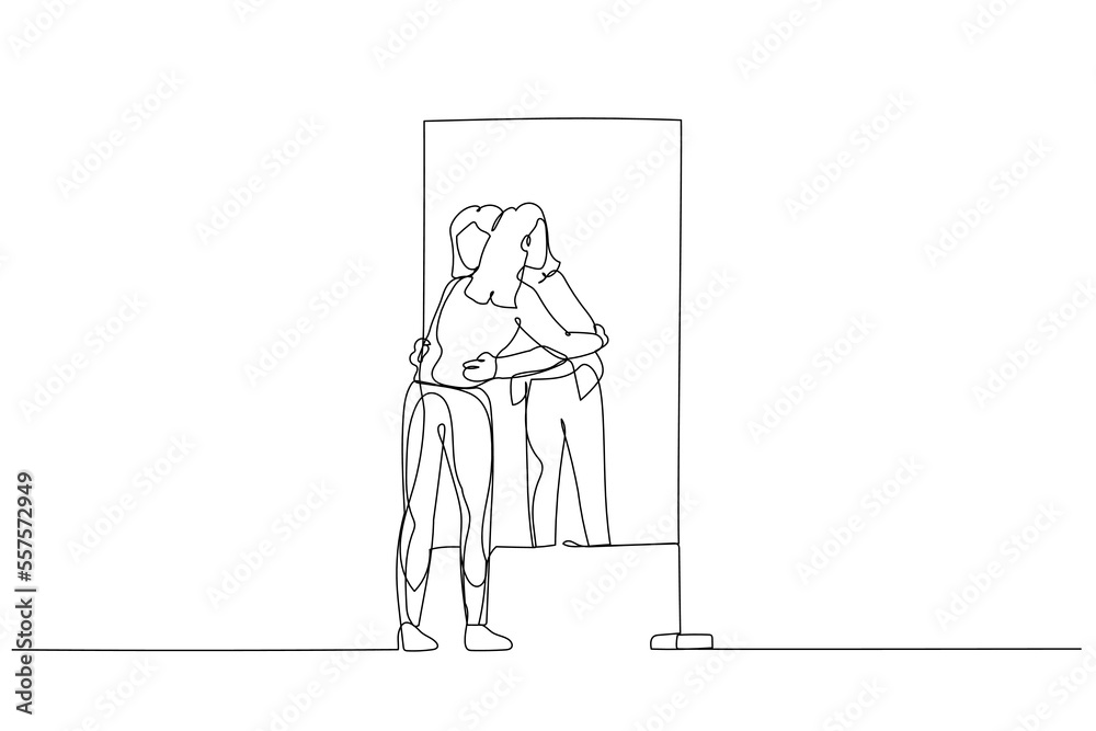 Cartoon of business woman hugging own reflection on the mirror concept of self love. Single line art style - obrazy, fototapety, plakaty 