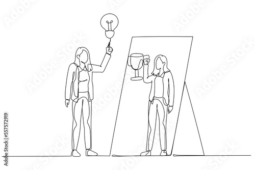Drawing of business woman having ide lightbulb looking into mirror have reflection holding award trophy. One line art style
